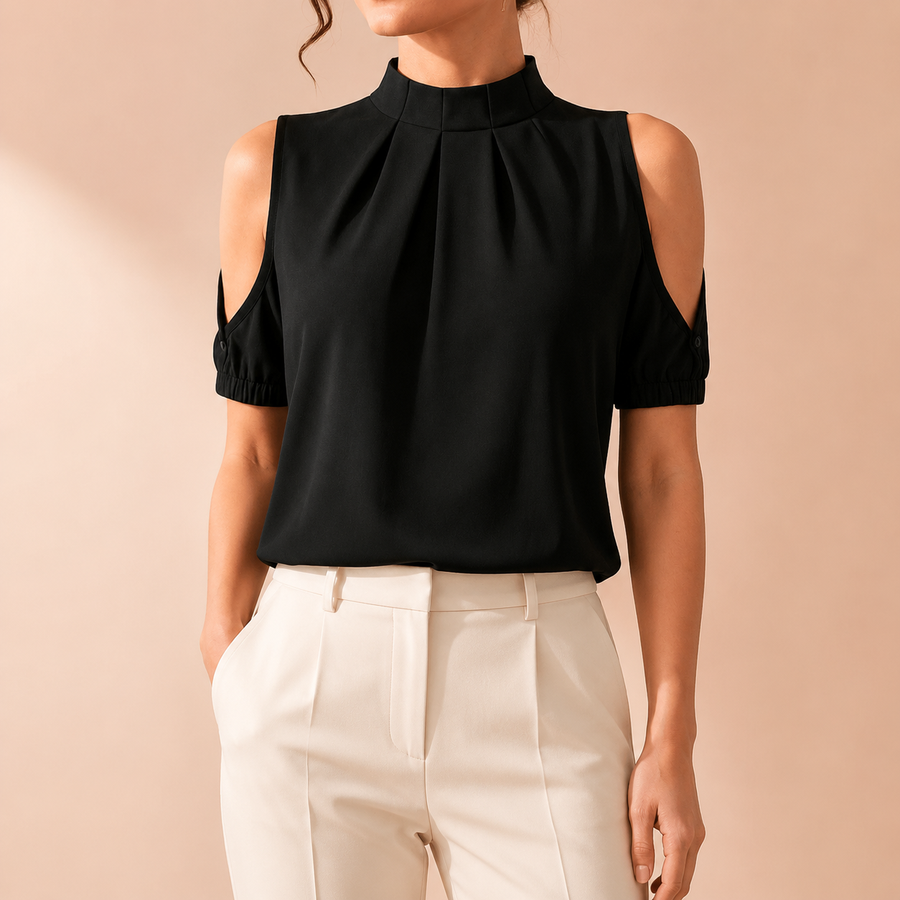 Inga | Blouse Noire à Col Montant et Épaules Ajourées