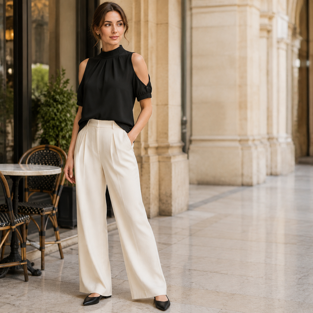 Inga | Blouse Noire à Col Montant et Épaules Ajourées