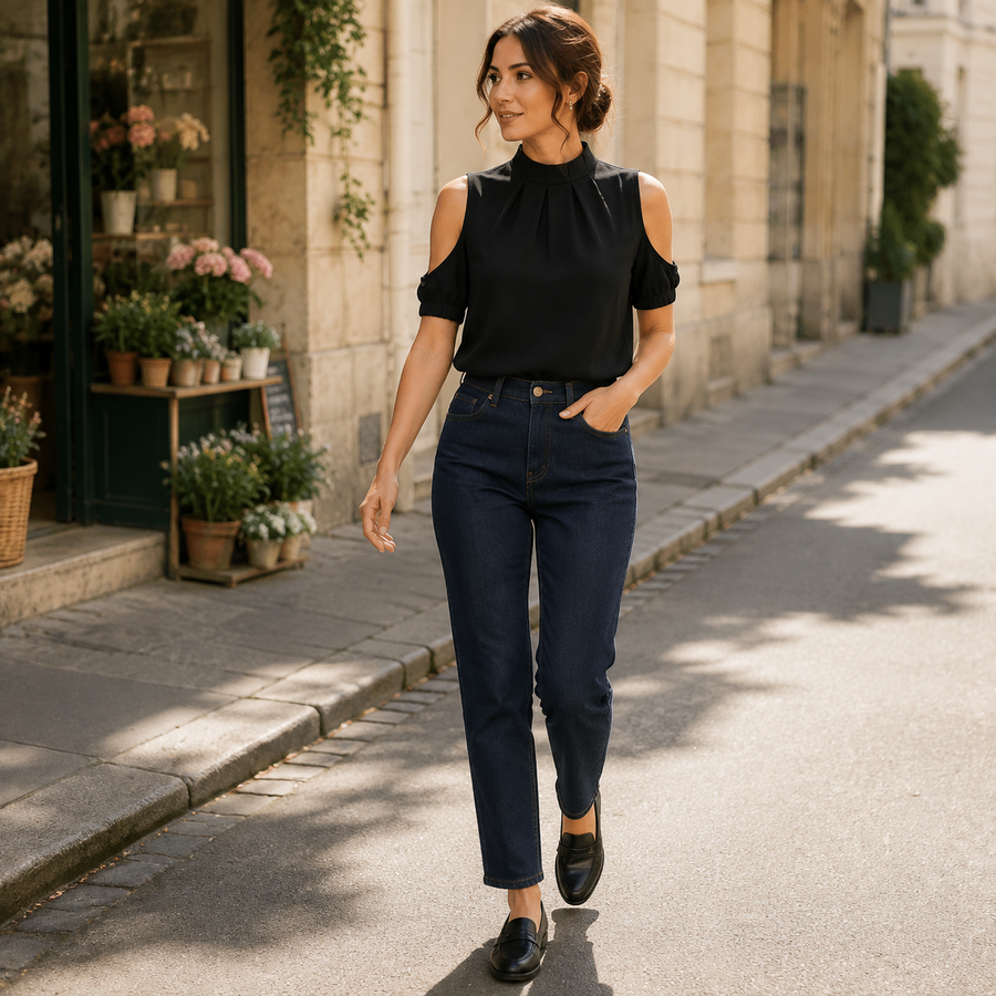 Inga | Blouse Noire à Col Montant et Épaules Ajourées