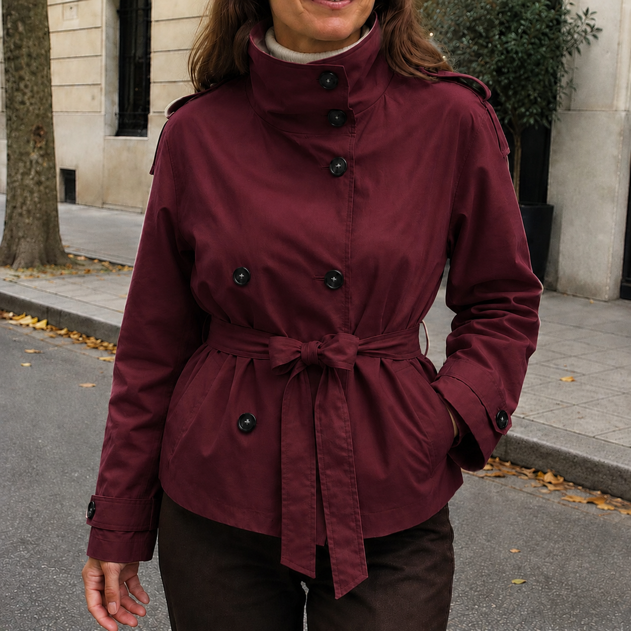 Augustine | Trench-Coat Court Ceinturé à Col Montant
