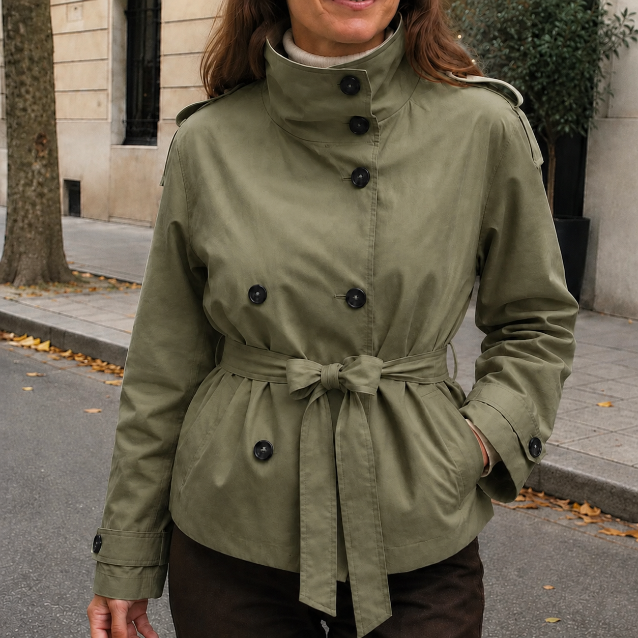 Augustine | Trench-Coat Court Ceinturé à Col Montant