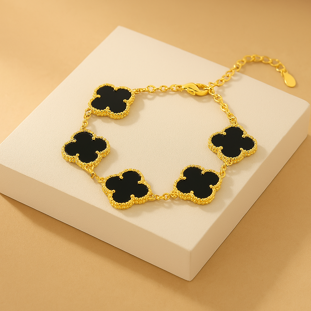 Tiphaine | Bracelet Doré à Trèfles Noirs