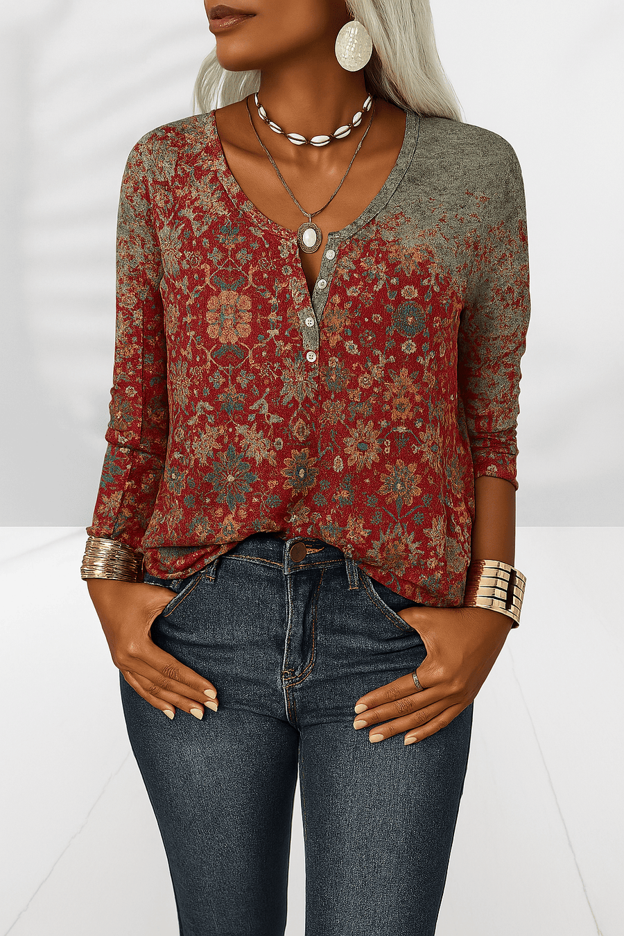 Alina | Blouse Bohème à Imprimé Fleuri et Col Boutonné
