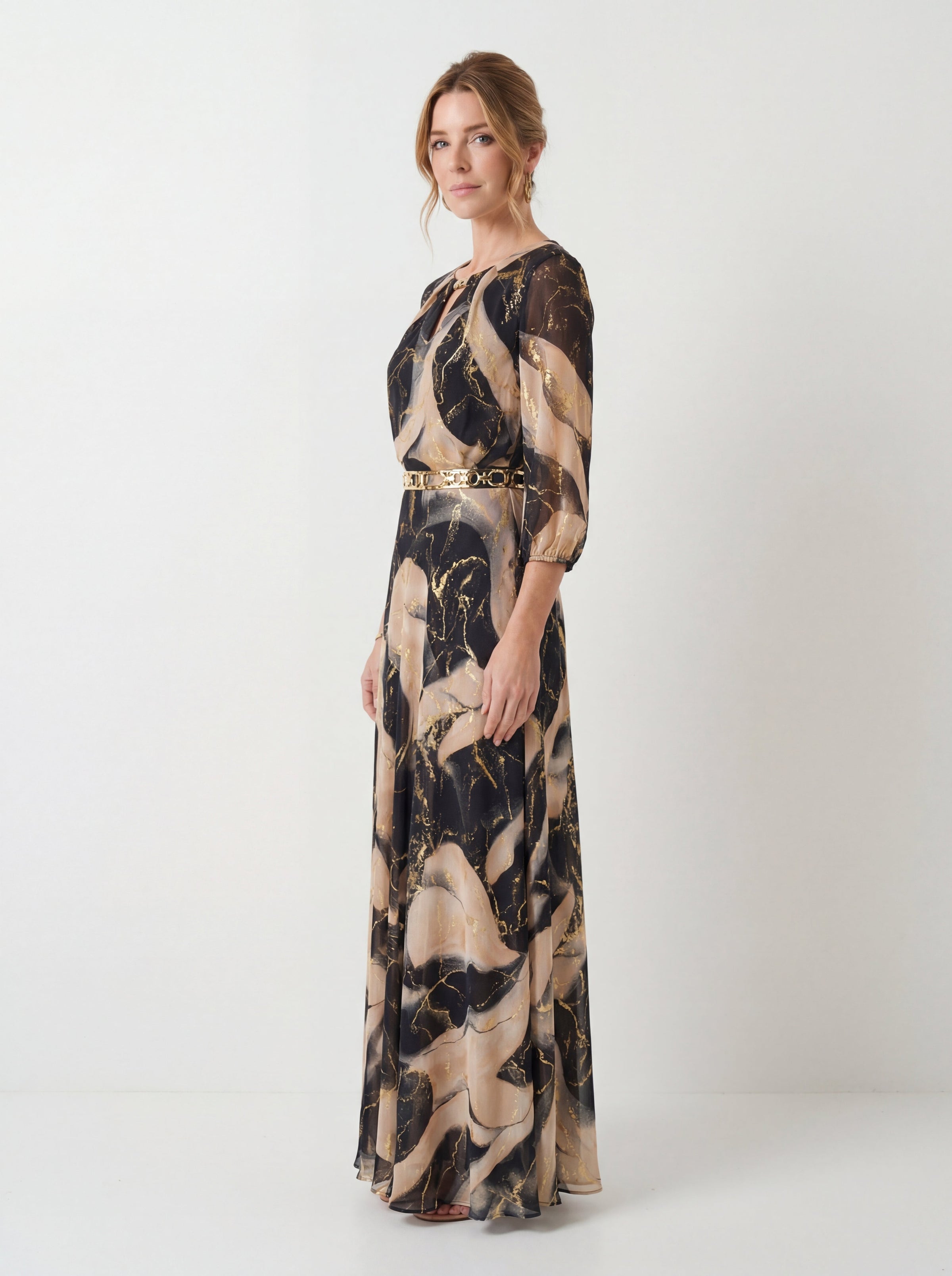 Marceline | Robe Longue en Gaze Imprimée à Manches Longues