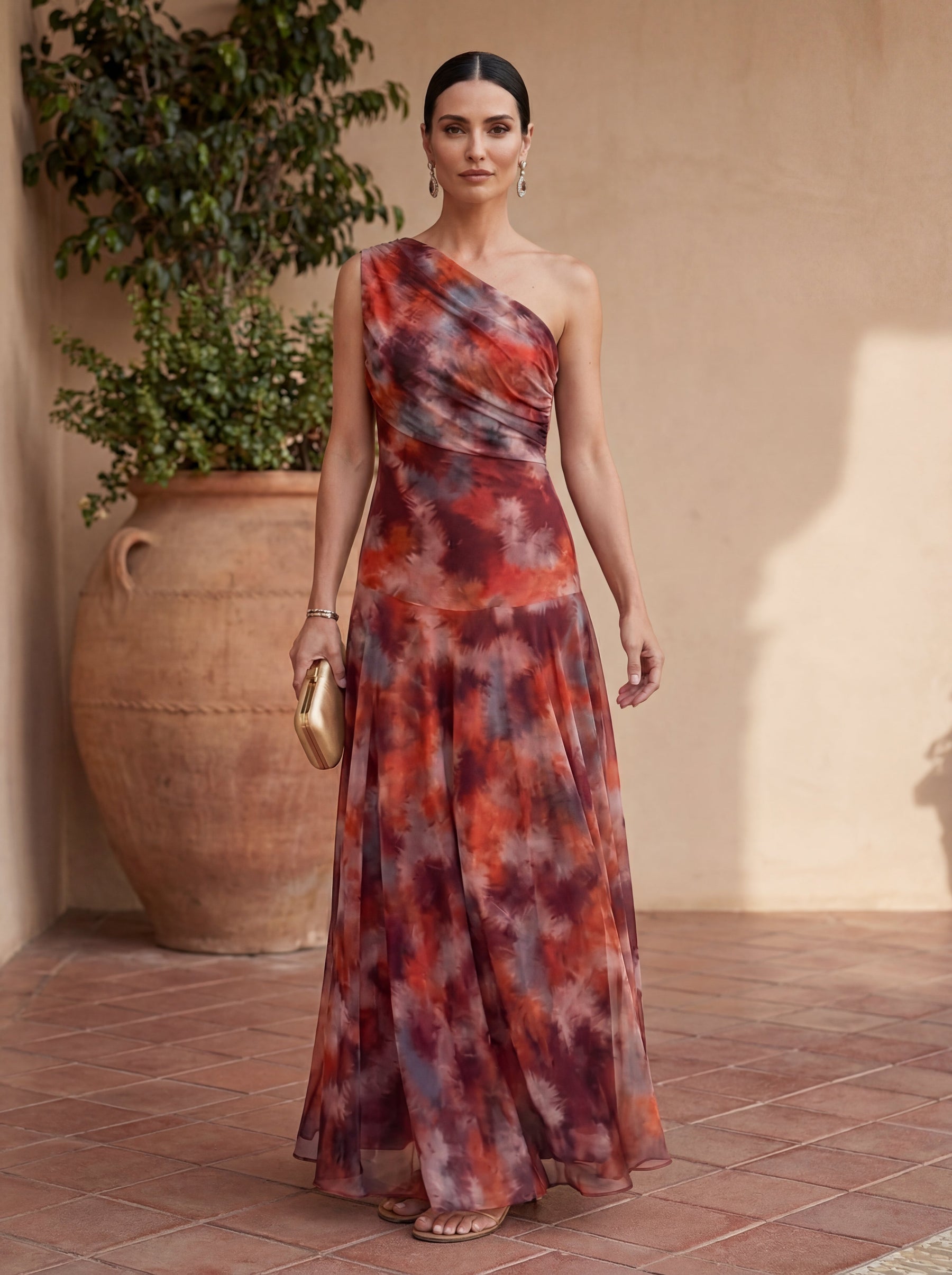 Irène | Robe Longue Asymétrique à Une Épaule et Imprimé Aquarelle