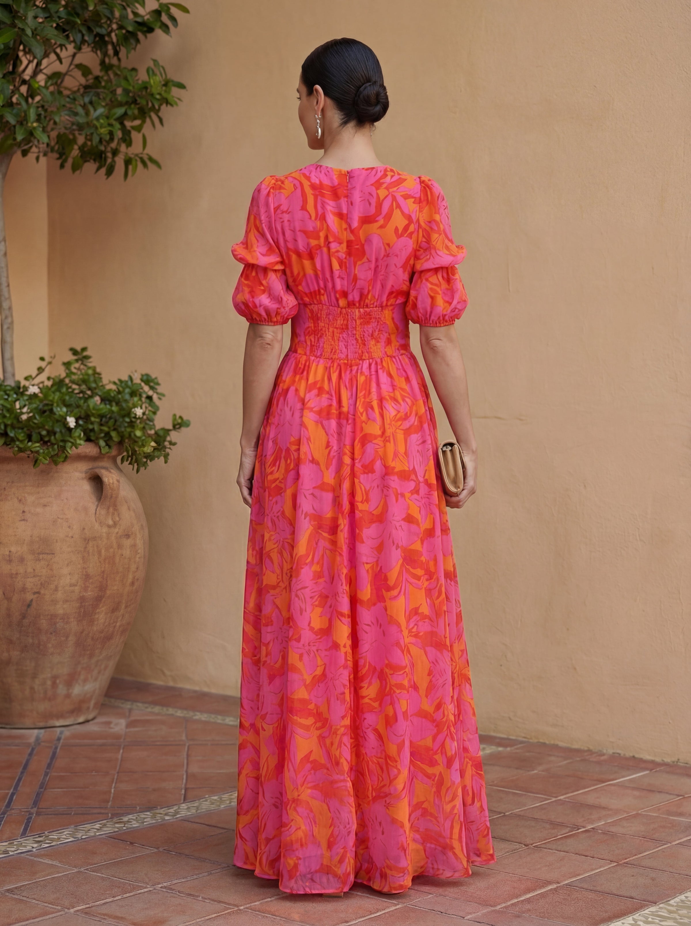 Raphaëlle | Robe Longue Fleurie Boutonnée à Manches Bouffantes