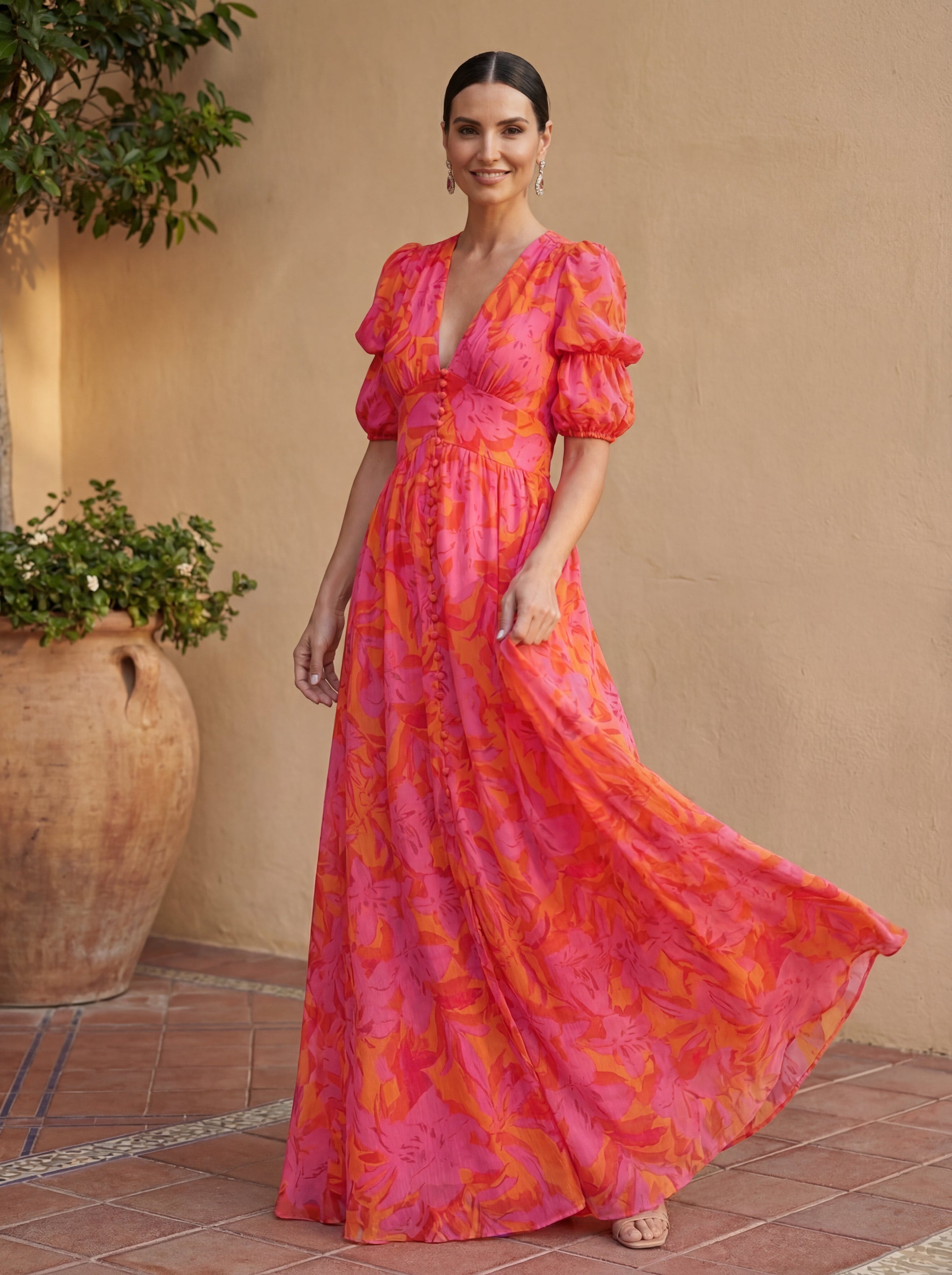 Raphaëlle | Robe Longue Fleurie Boutonnée à Manches Bouffantes