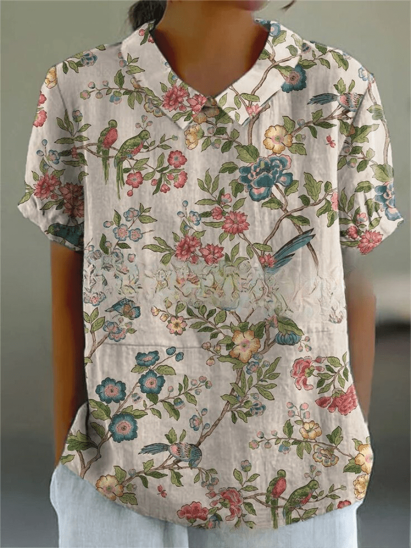 Sofia | Blouse Fleurie à Col Claudine et Poche