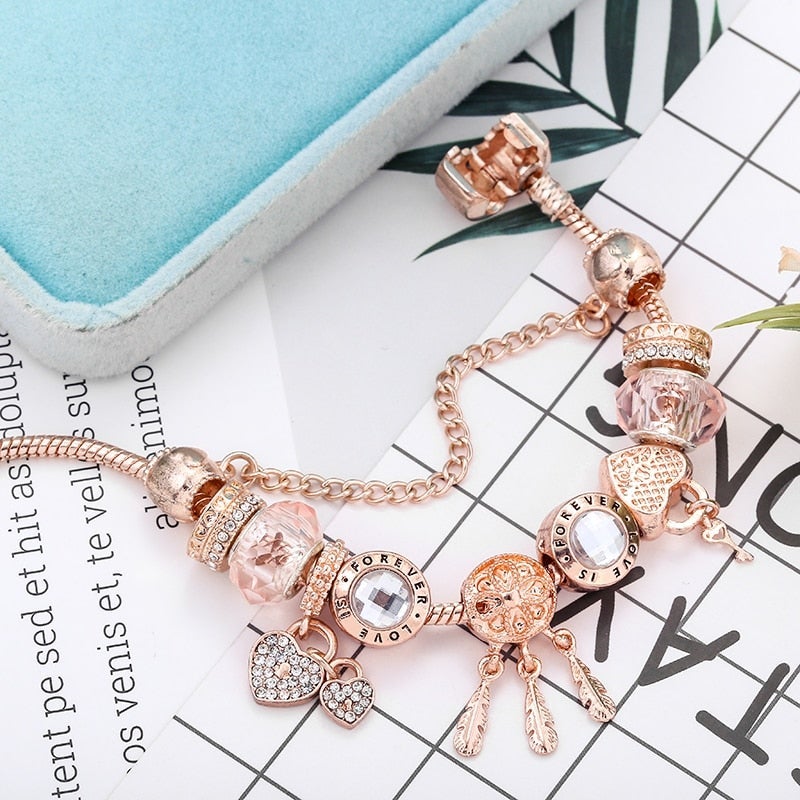Claudine | Bracelet Attrape-Rêves Rose avec Charms Argentés