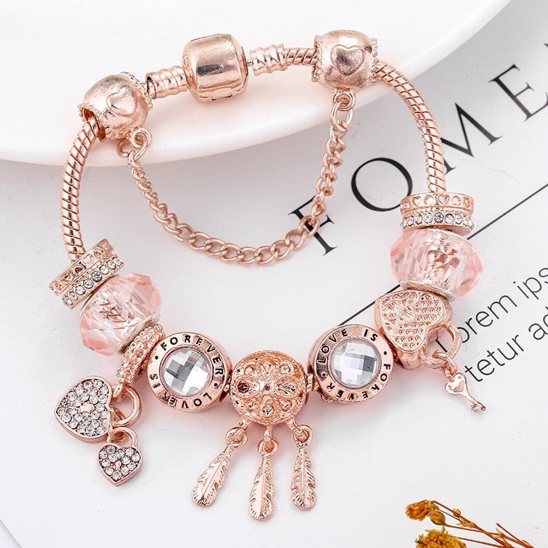 Claudine | Bracelet Attrape-Rêves Rose avec Charms Argentés