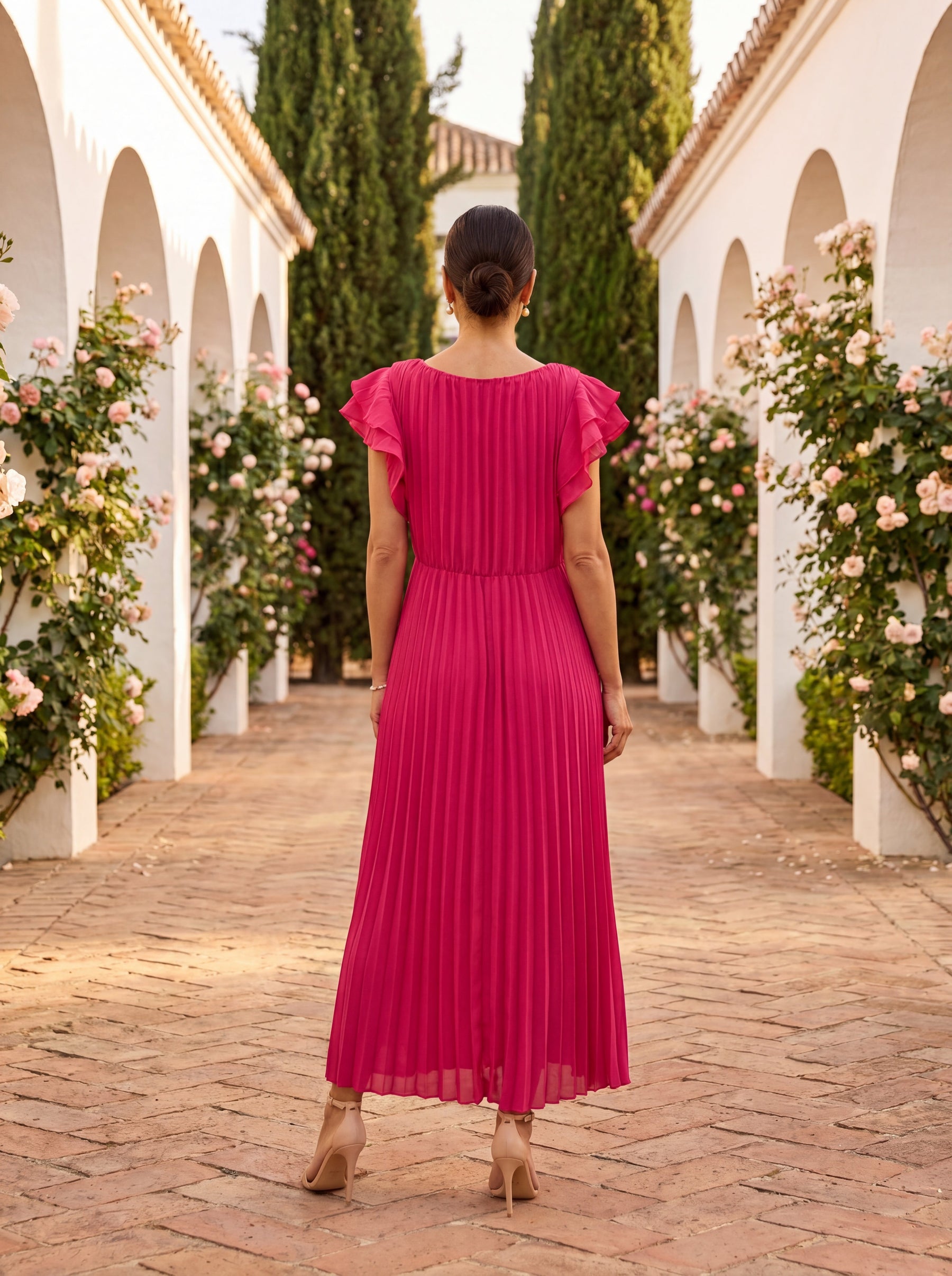 Domitille | Robe Longue Plissée Unie à Manches Volantées