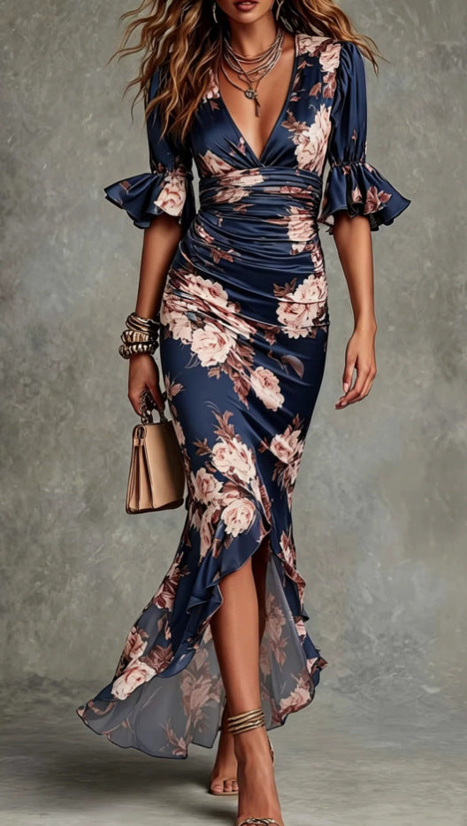 Adrienne | Robe Longue Satinée à Imprimé Fleuri et Volant Asymétrique