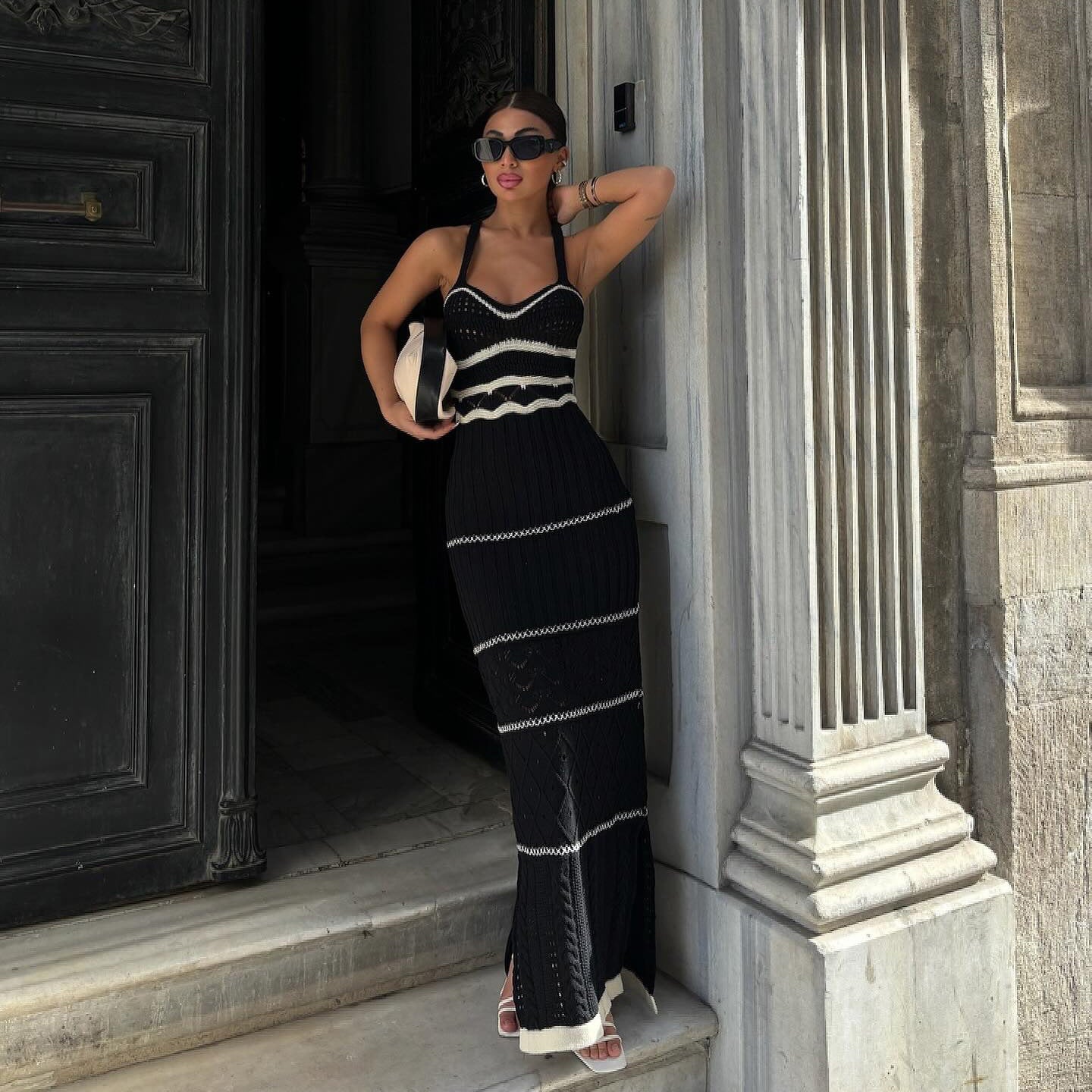 Lina | Robe Maxi Crochetée avec Détails Contrastés