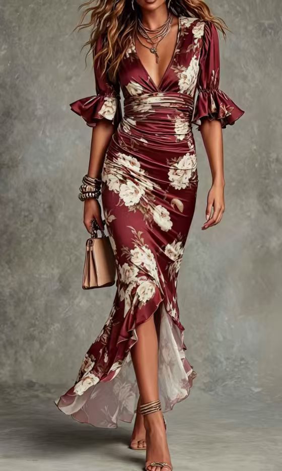 Adrienne | Robe Longue Satinée à Imprimé Fleuri et Volant Asymétrique