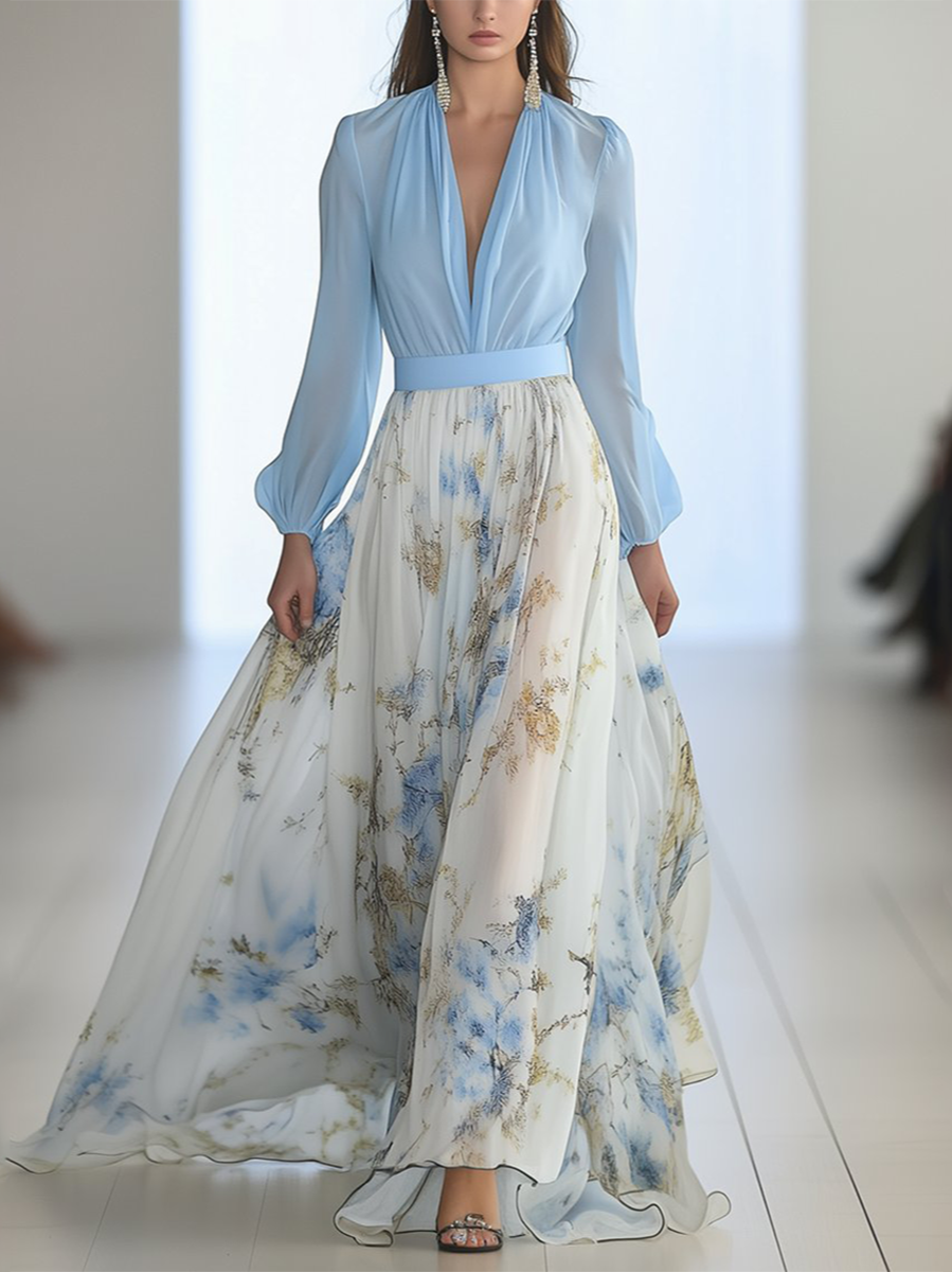 Blanche | Robe Longue Bicolore à Jupe Fleurie et Manches Longues