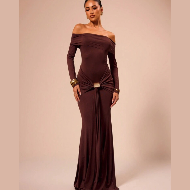 Maria | Robe Maxi Épaules Dénudées avec Drapé