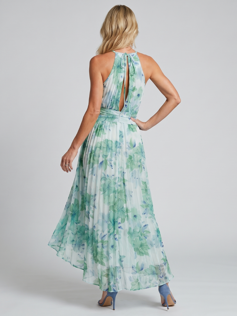 Gaëlle | Robe Longue Fleurie à Encolure Américaine et Jupe Plissée