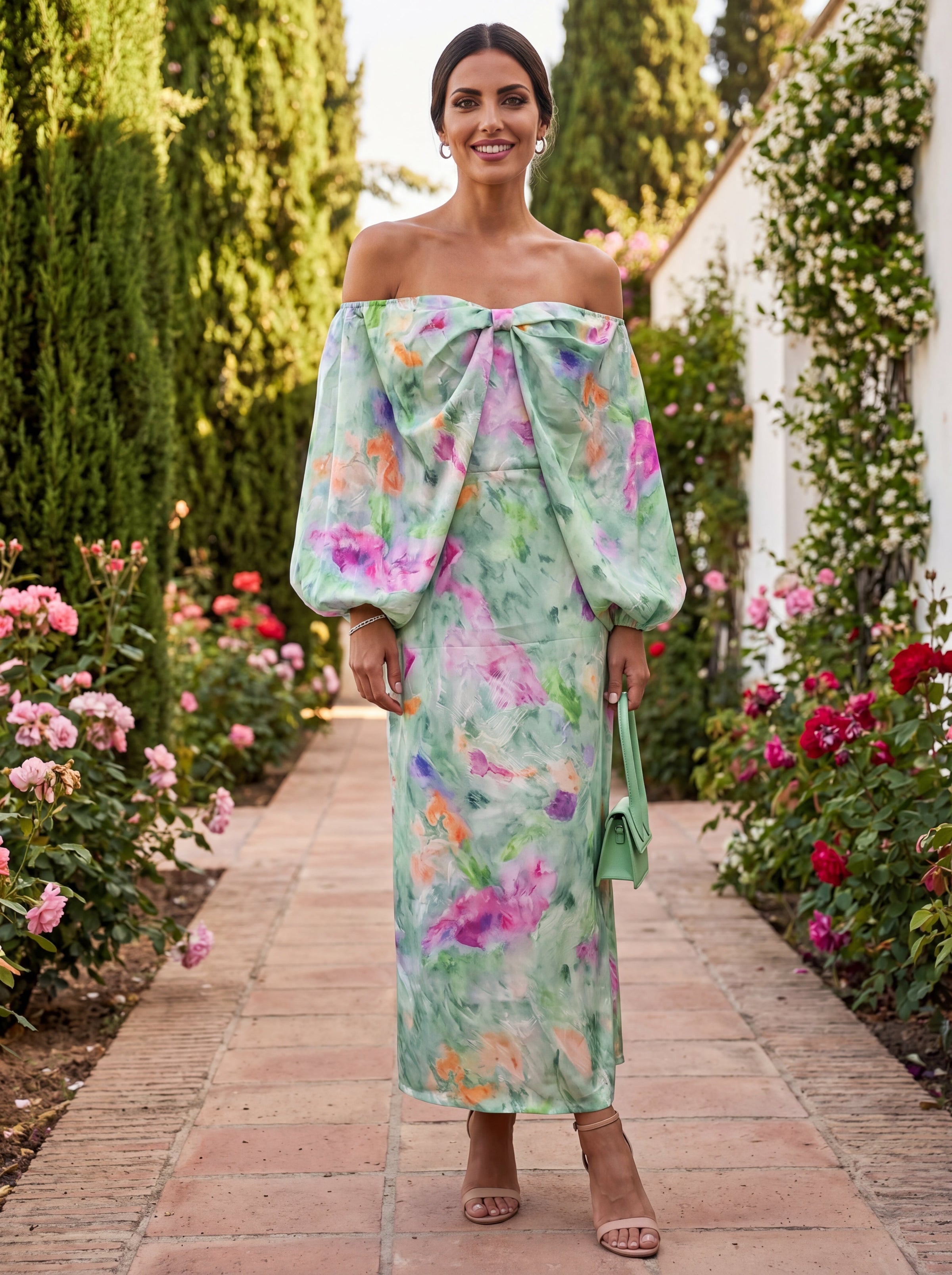 Emmanuelle | Robe Midi à Épaules Dénudées et Manches Bouffantes