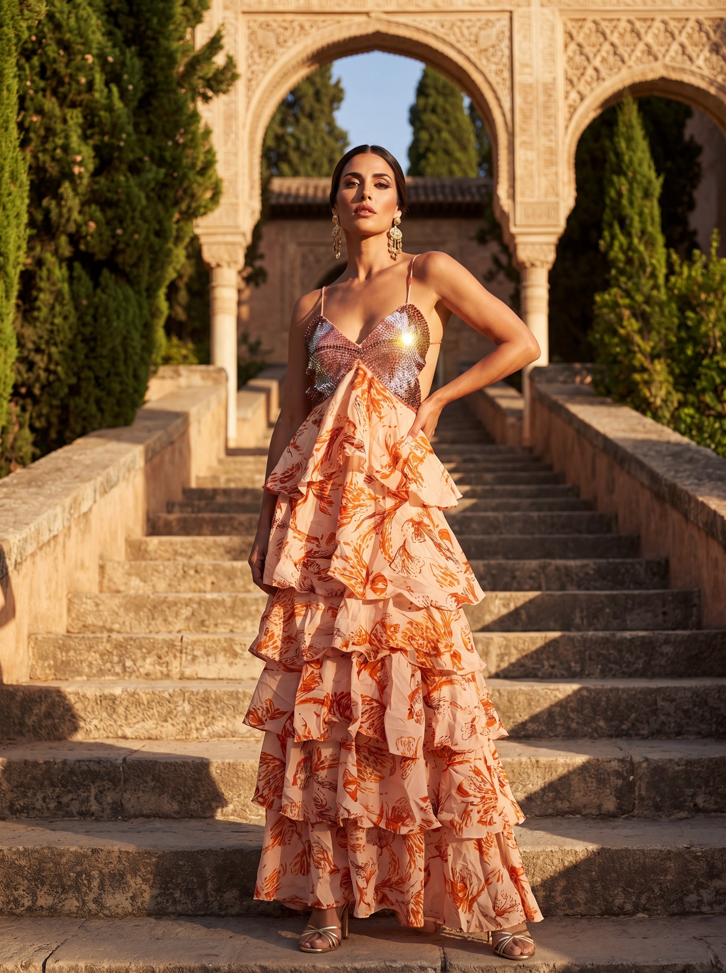 Séverine | Robe Longue à Bustier Pailleté et Jupe à Volants