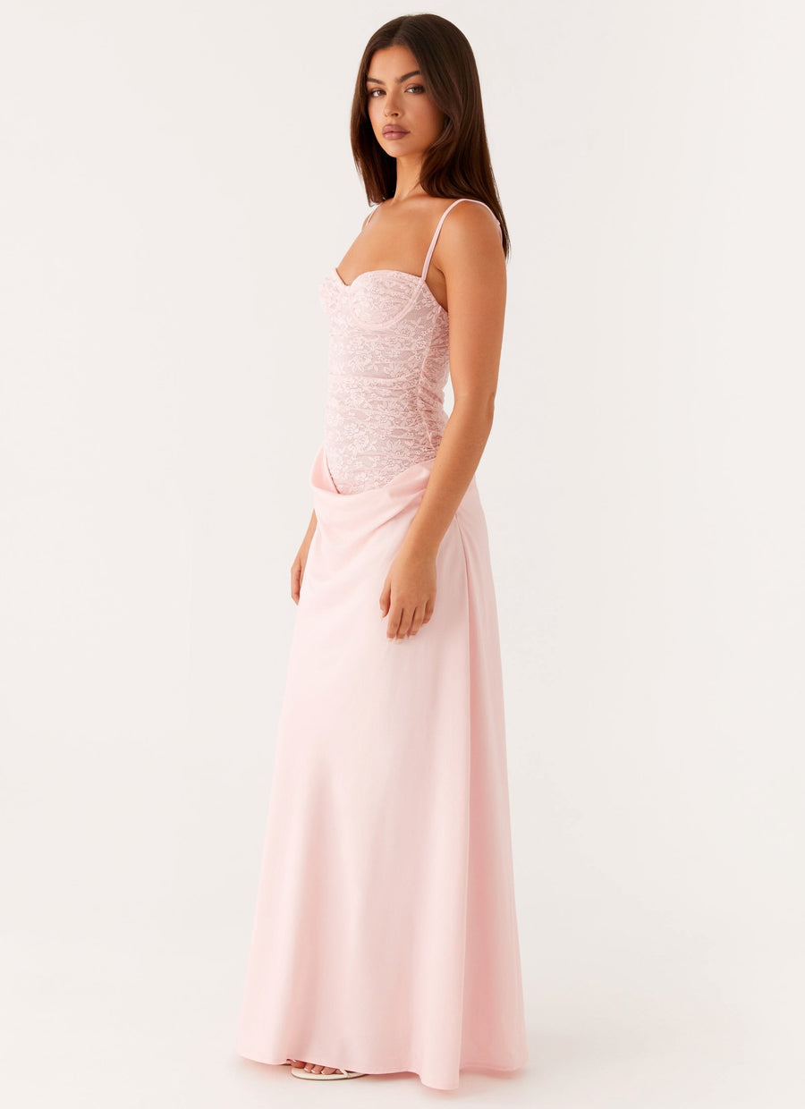 Violetta | Robe Maxi Rose en Dentelle et Satin