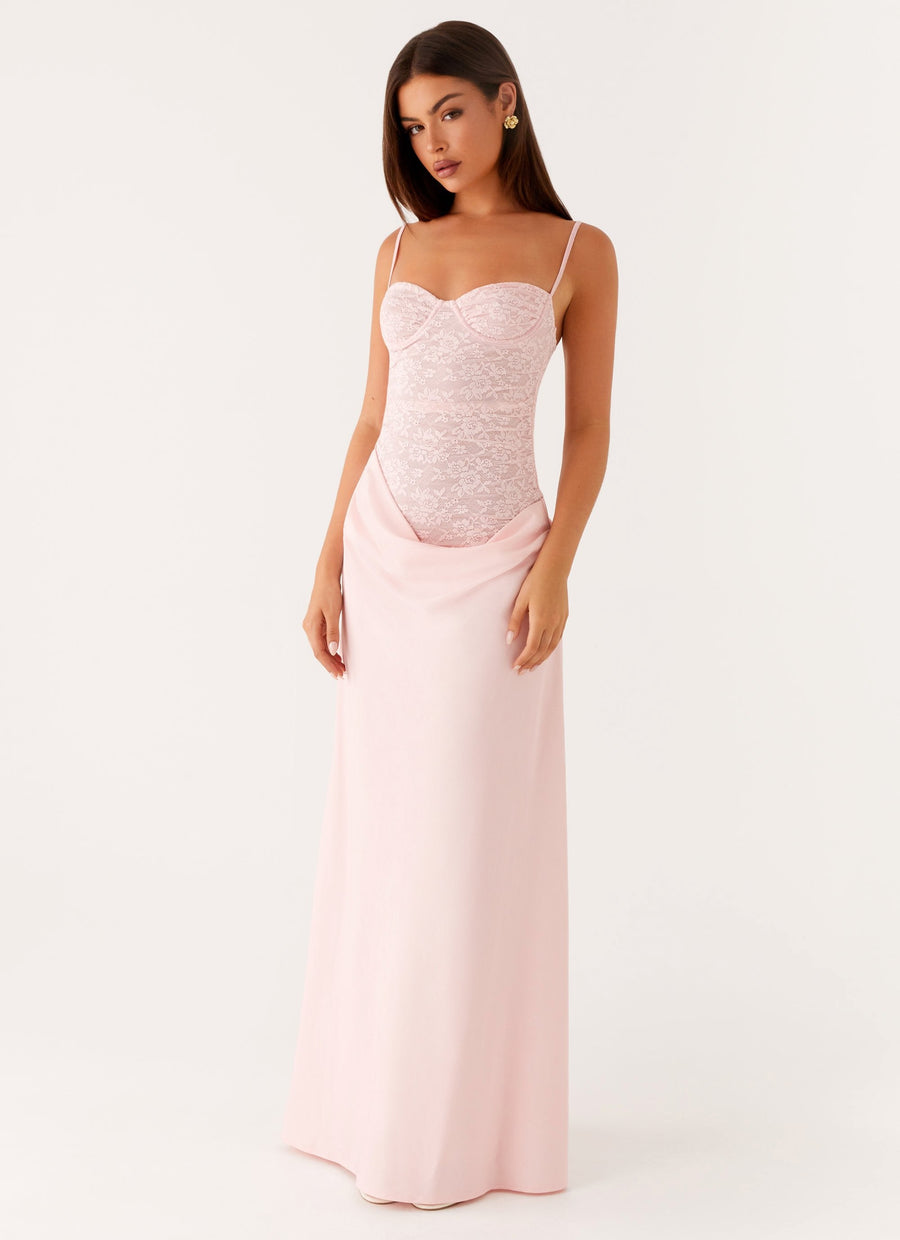 Violetta | Robe Maxi Rose en Dentelle et Satin