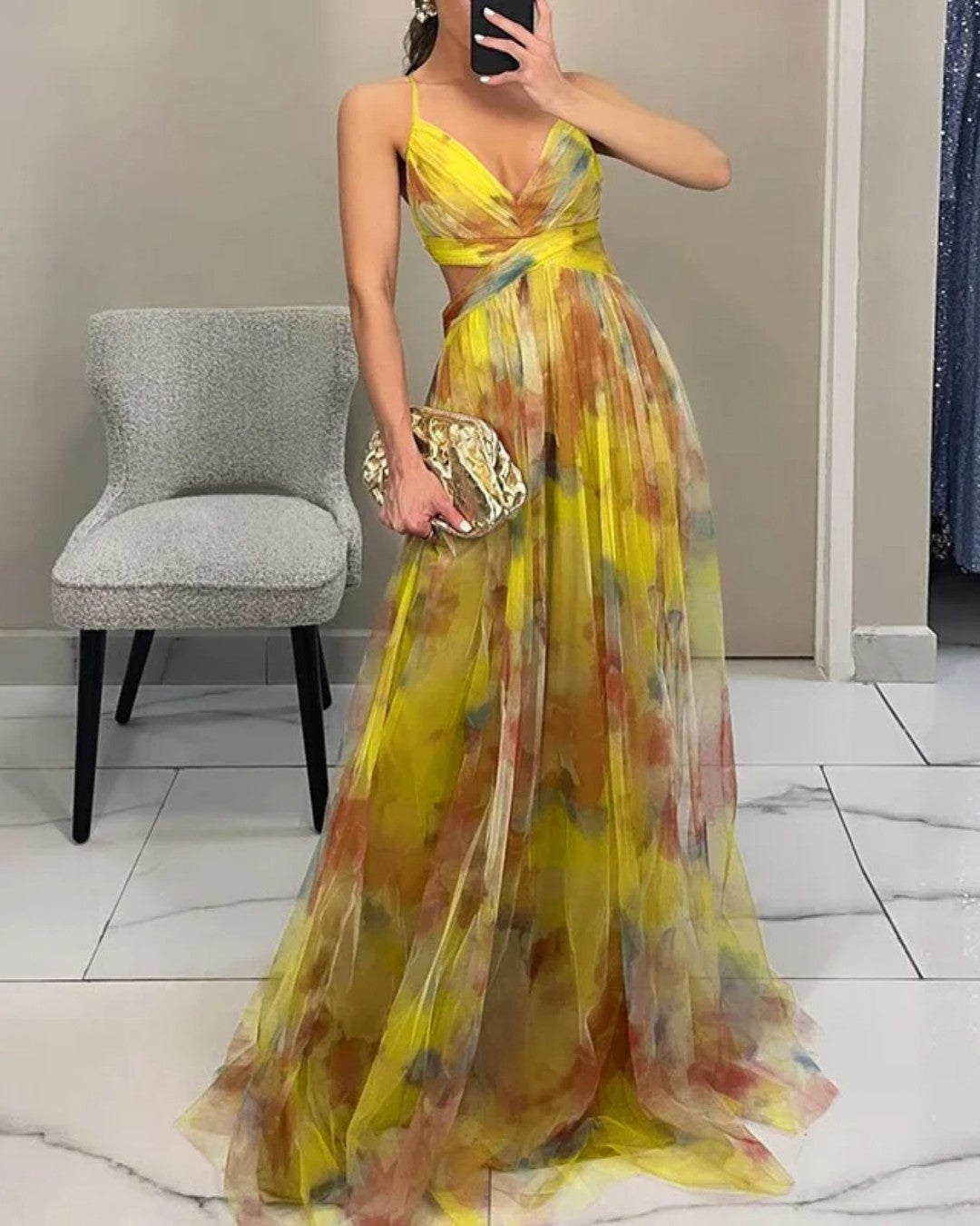 Aude | Robe Longue à Fines Bretelles et Imprimé Aquarelle