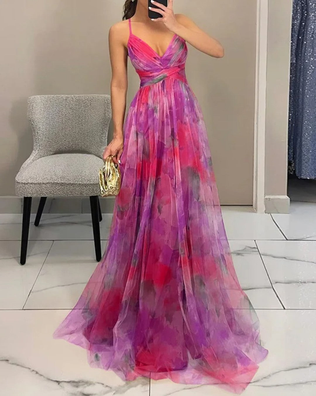 Aude | Robe Longue à Fines Bretelles et Imprimé Aquarelle