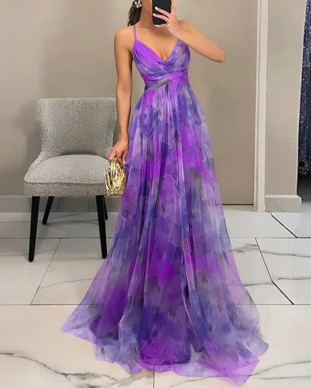 Aude | Robe Longue à Fines Bretelles et Imprimé Aquarelle