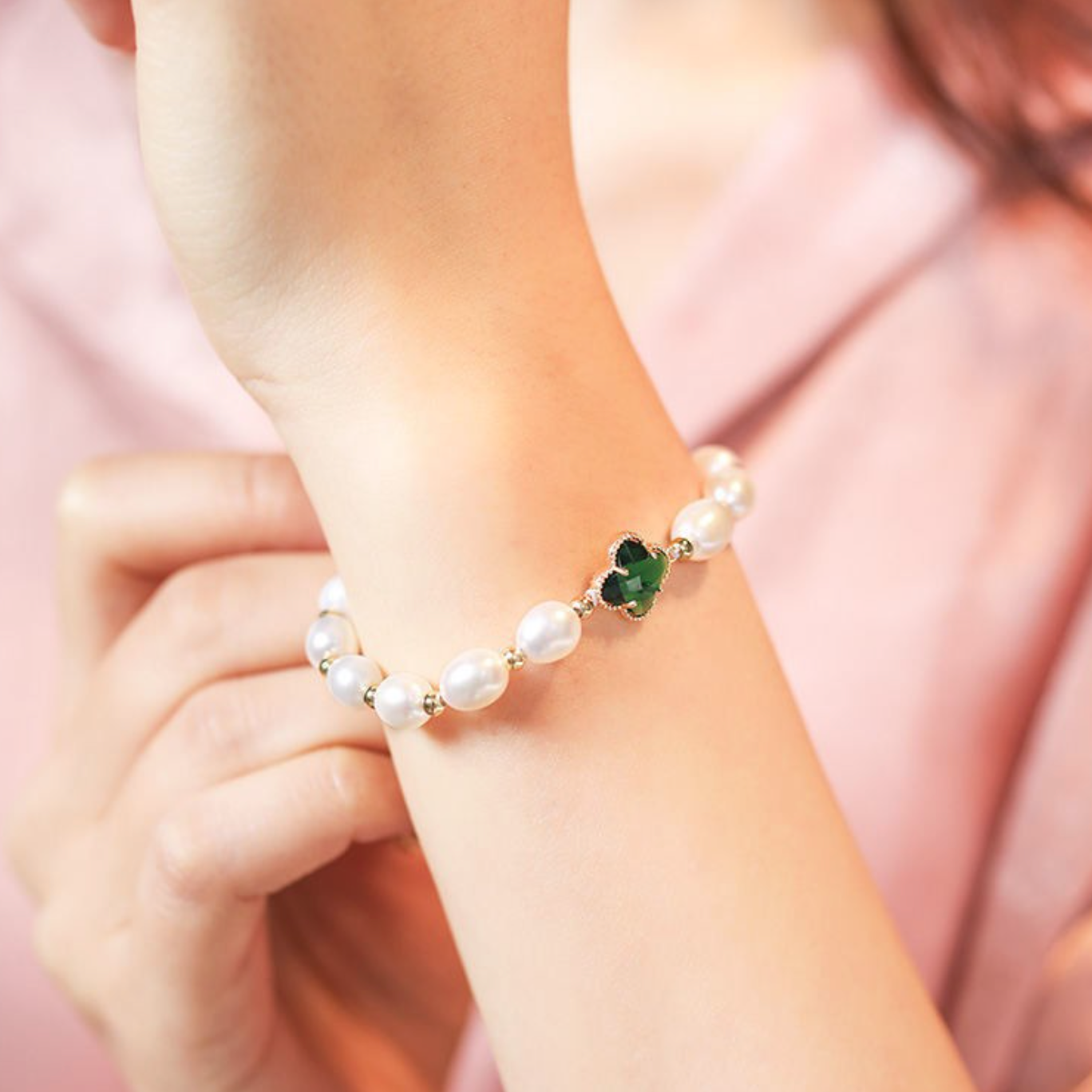 Hortense | Bracelet Perlé Trèfle Émeraude