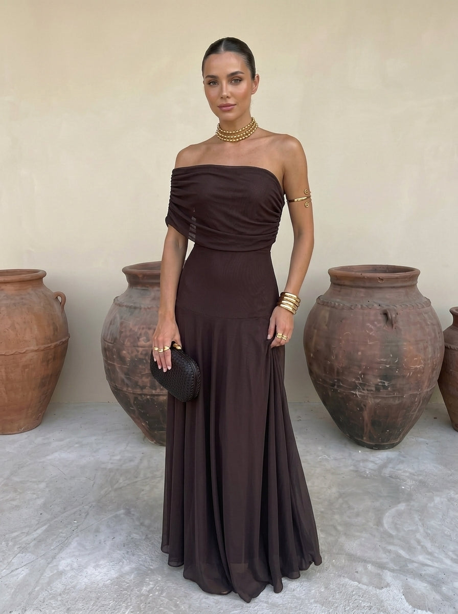 Renée | Robe Longue Bustier Drapée Unie