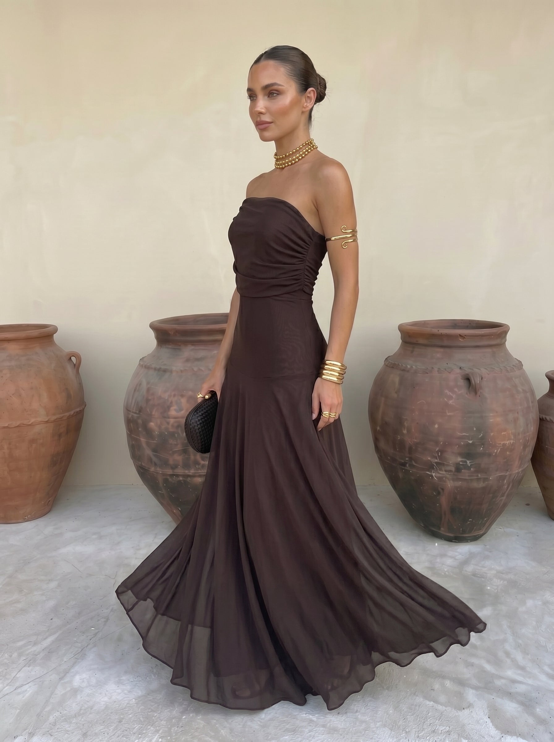 Renée | Robe Longue Bustier Drapée Unie