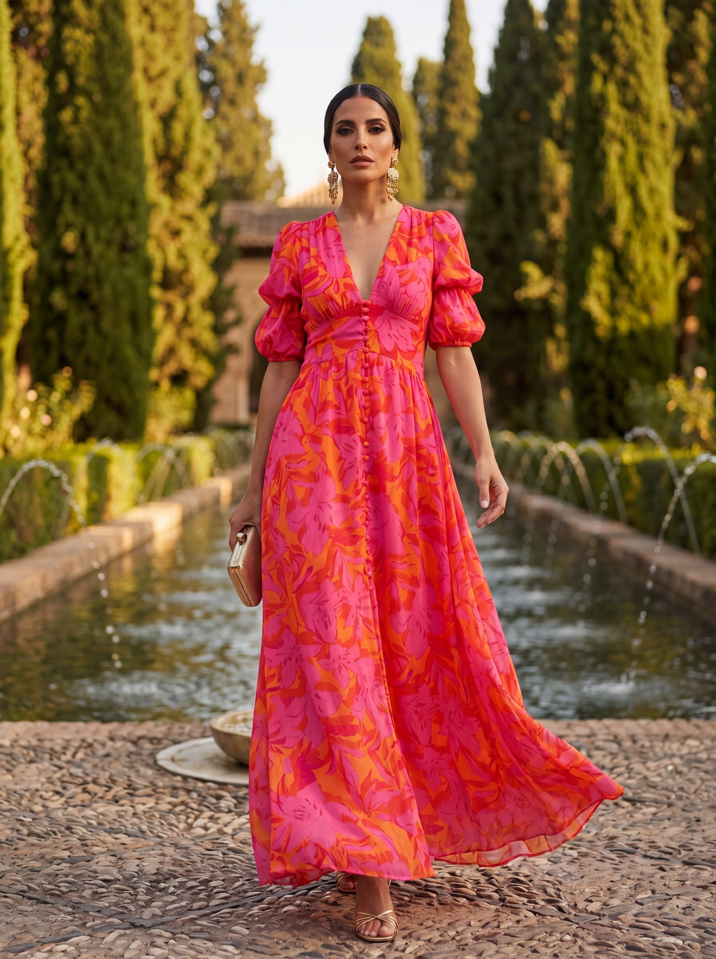 Raphaëlle | Robe Longue Fleurie Boutonnée à Manches Bouffantes