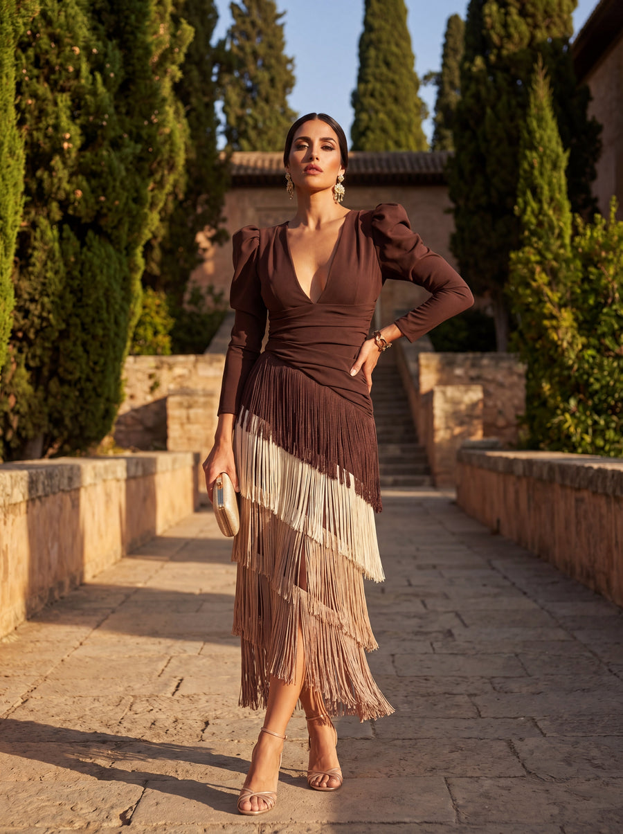 Fantine | Robe Midi à Franges et Manches Longues
