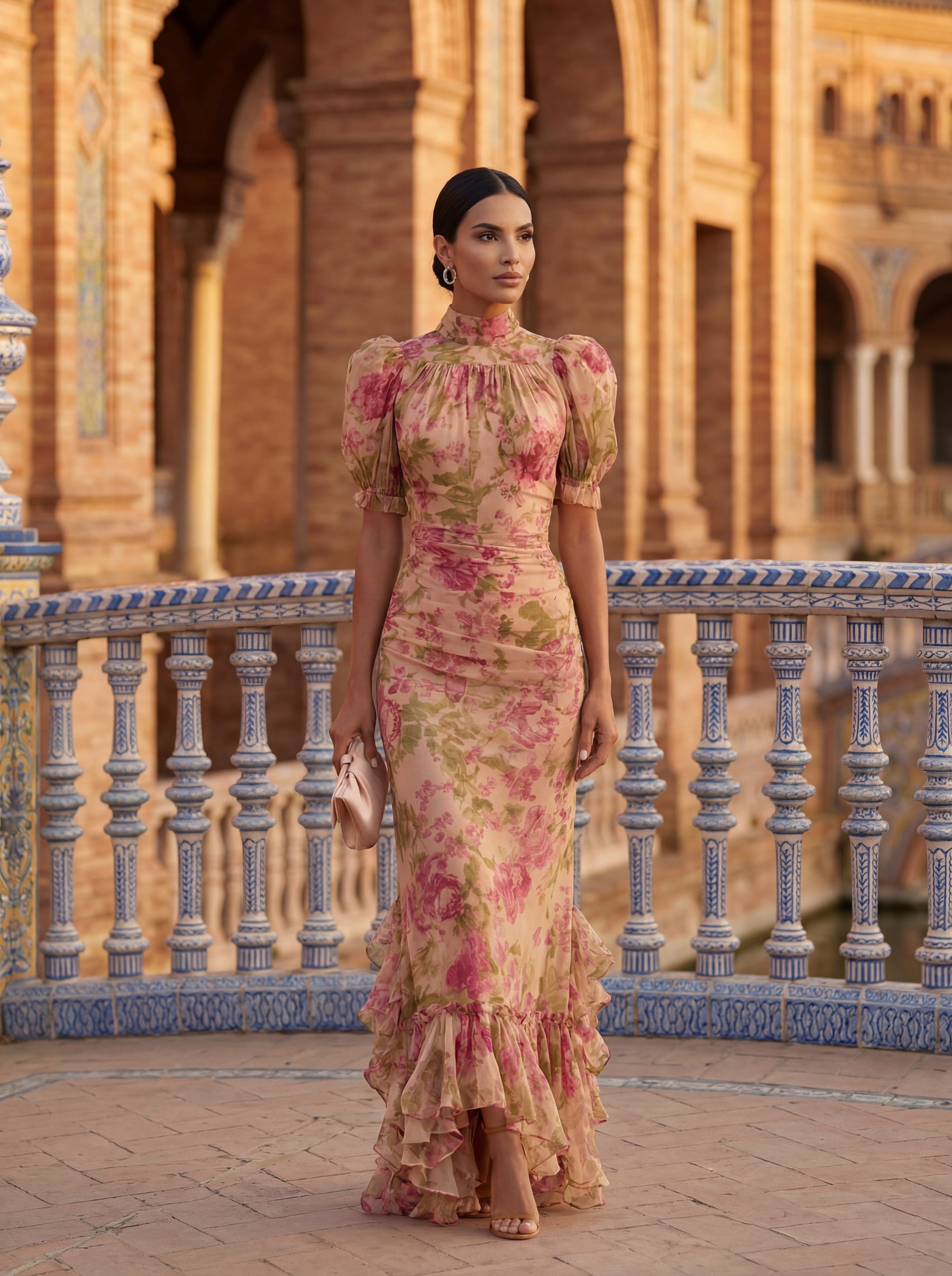 Henriette | Robe Longue Fleurie à Col Montant et Ourlet à Volants