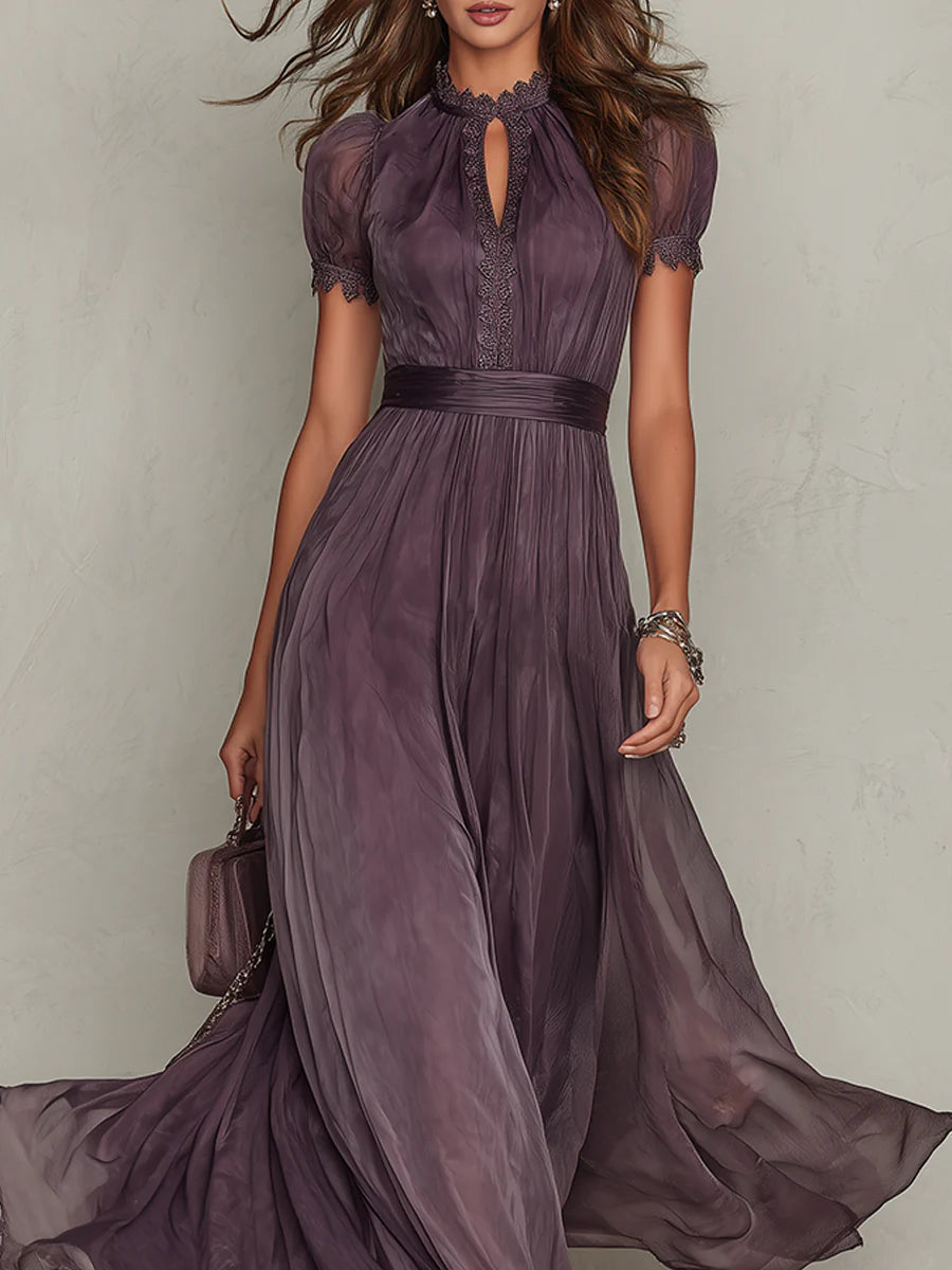Hermine | Robe Longue en Mousseline à Col Brodé et Manches Courtes