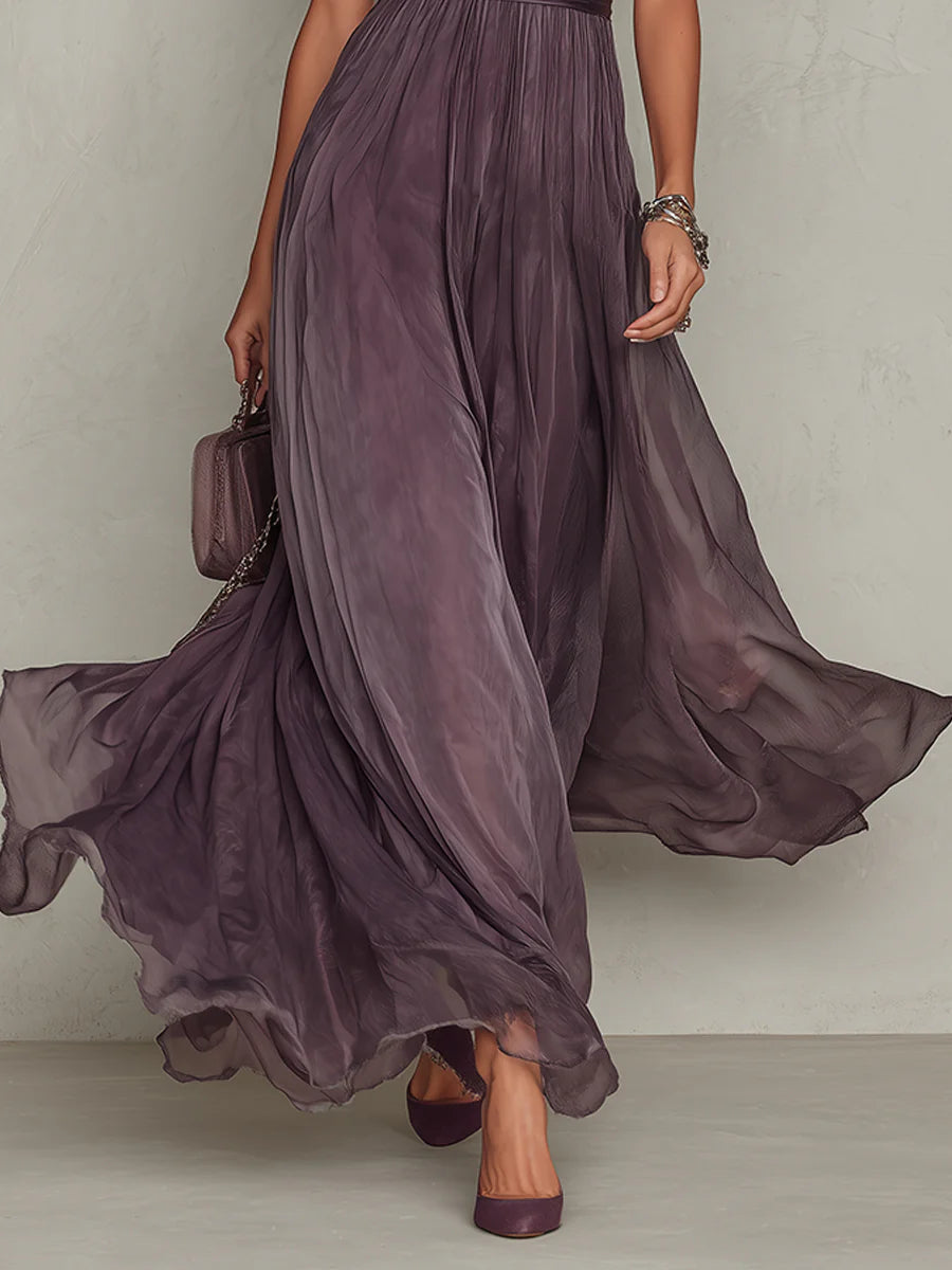 Hermine | Robe Longue en Mousseline à Col Brodé et Manches Courtes