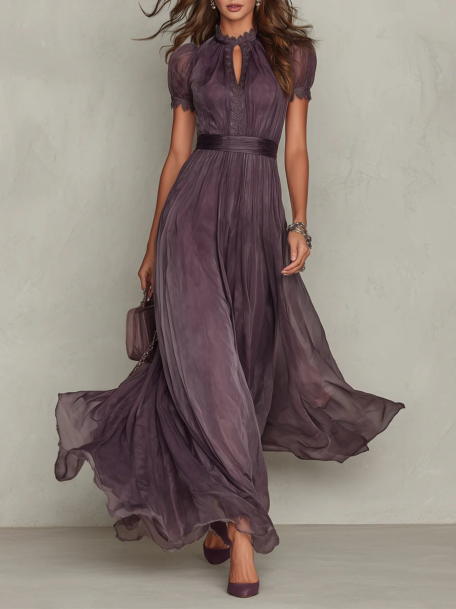 Hermine | Robe Longue en Mousseline à Col Brodé et Manches Courtes