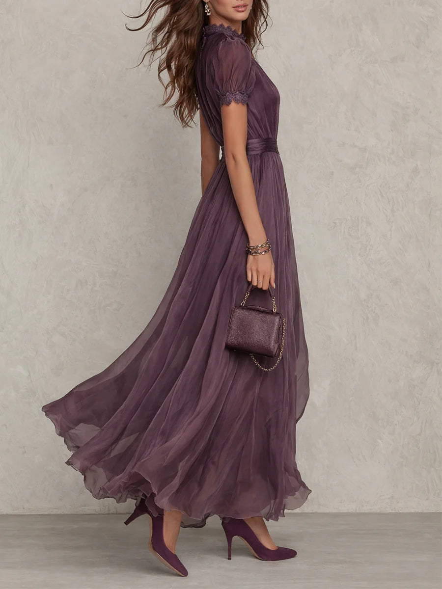 Hermine | Robe Longue en Mousseline à Col Brodé et Manches Courtes