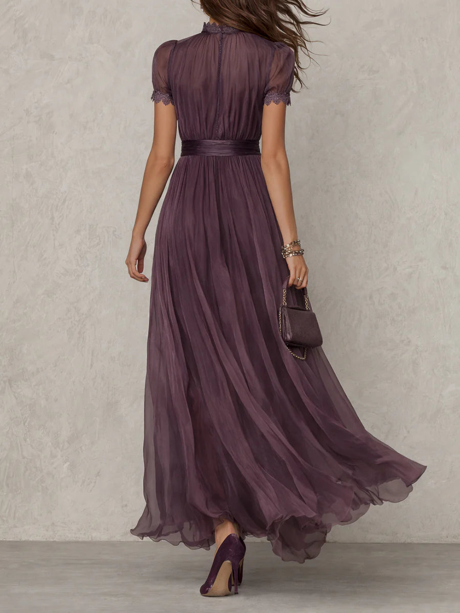 Hermine | Robe Longue en Mousseline à Col Brodé et Manches Courtes