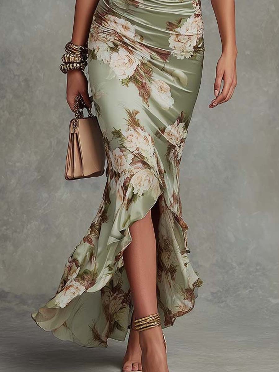 Adrienne | Robe Longue Satinée à Imprimé Fleuri et Volant Asymétrique