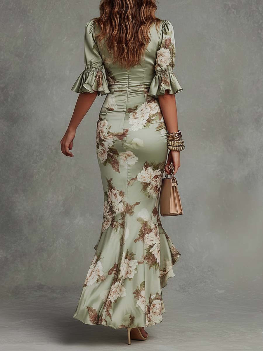 Adrienne | Robe Longue Satinée à Imprimé Fleuri et Volant Asymétrique