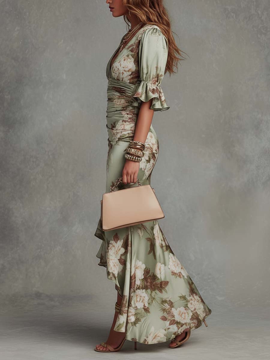 Adrienne | Robe Longue Satinée à Imprimé Fleuri et Volant Asymétrique