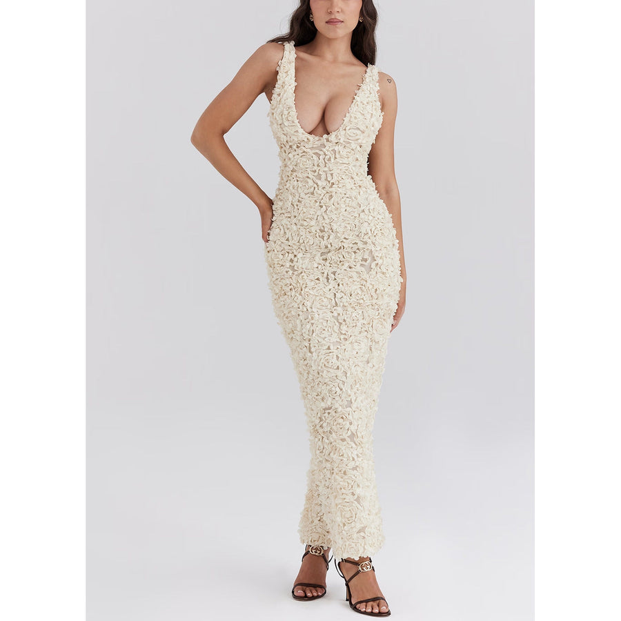 Océane | Robe Maxi Luxueuse avec Roses 3D