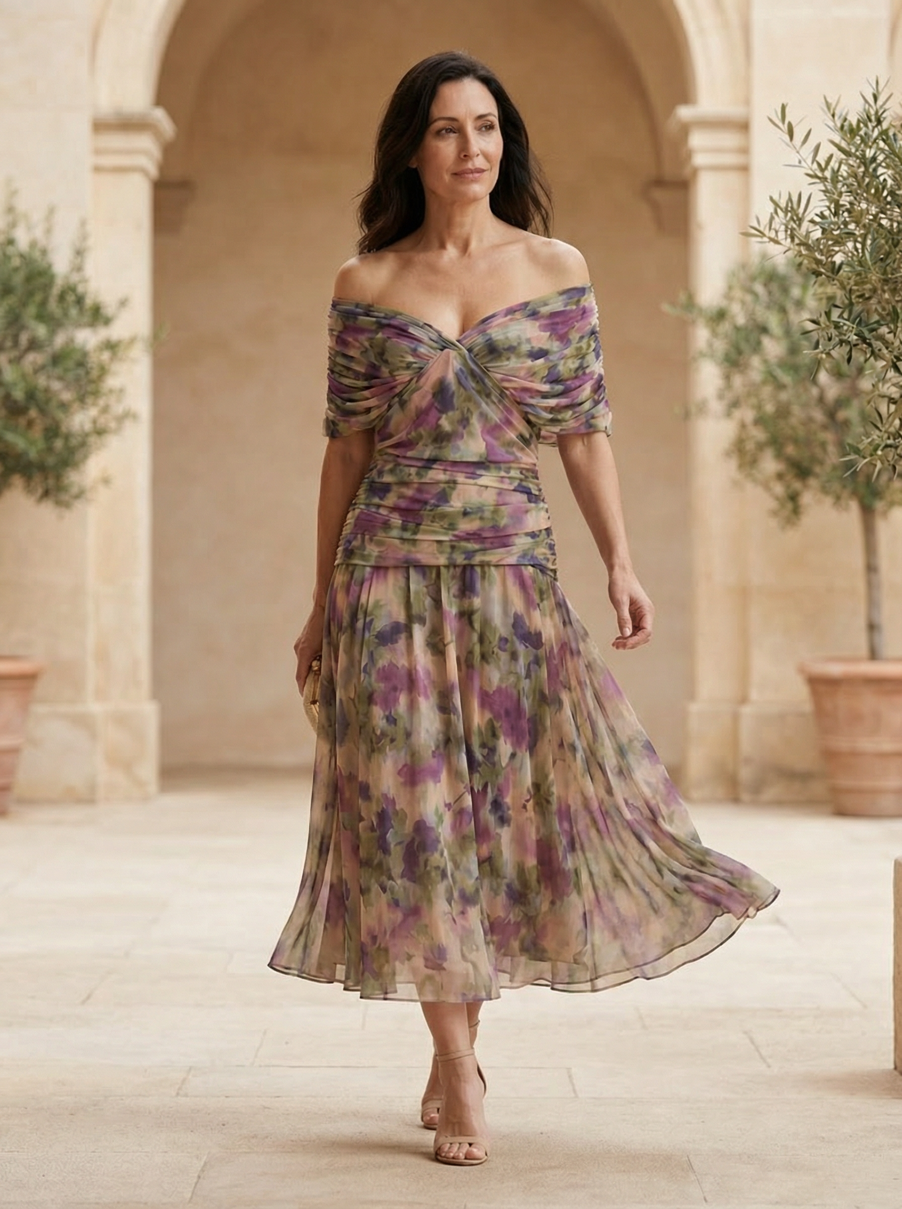 Constance | Robe midi drapée à épaules dénudées