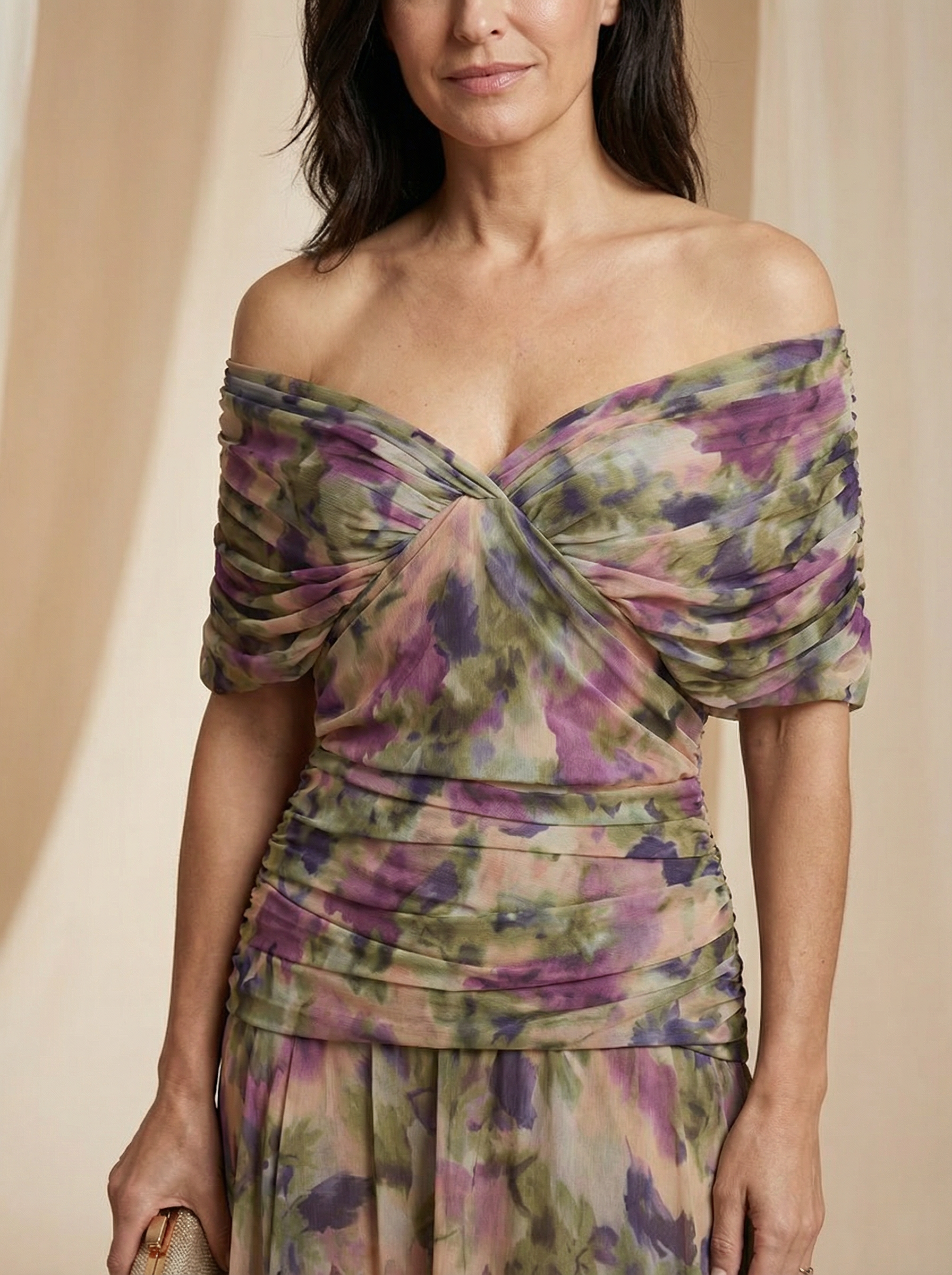Chantal | Robe Midi à Épaules Dénudées et Buste Torsadé