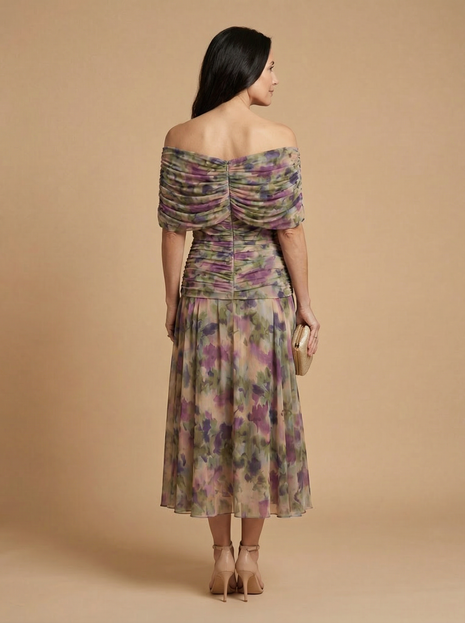 Constance | Robe midi drapée à épaules dénudées