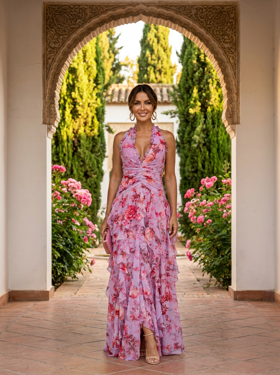 Ludivine | Robe Longue Fleurie à Volants en Cascade et Dos Nu