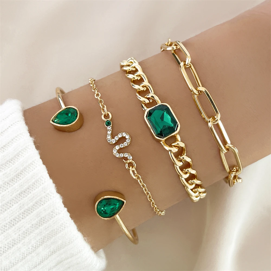 Simone | Set de Bracelets Dorés aux Cristaux Verts