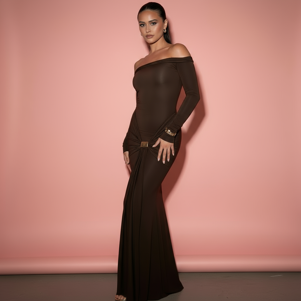 Maria | Robe Maxi Épaules Dénudées avec Drapé