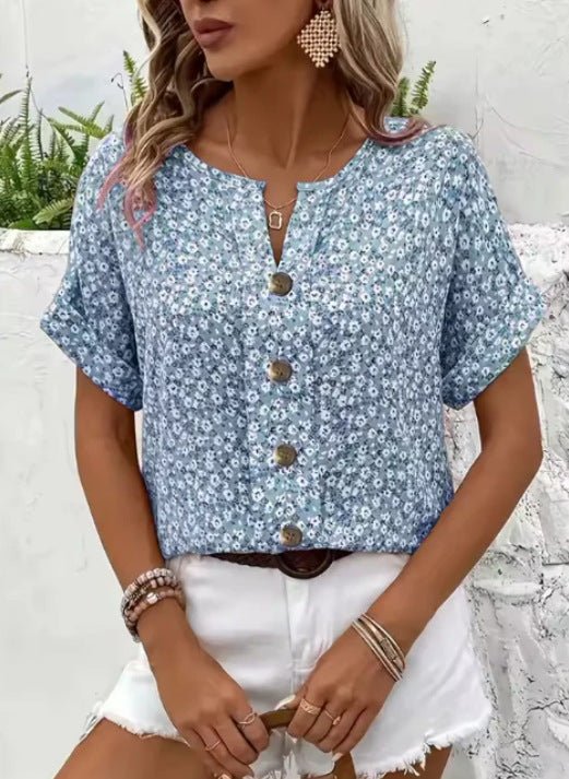 Jelena | Blouse à Fleurettes et Boutons Bois